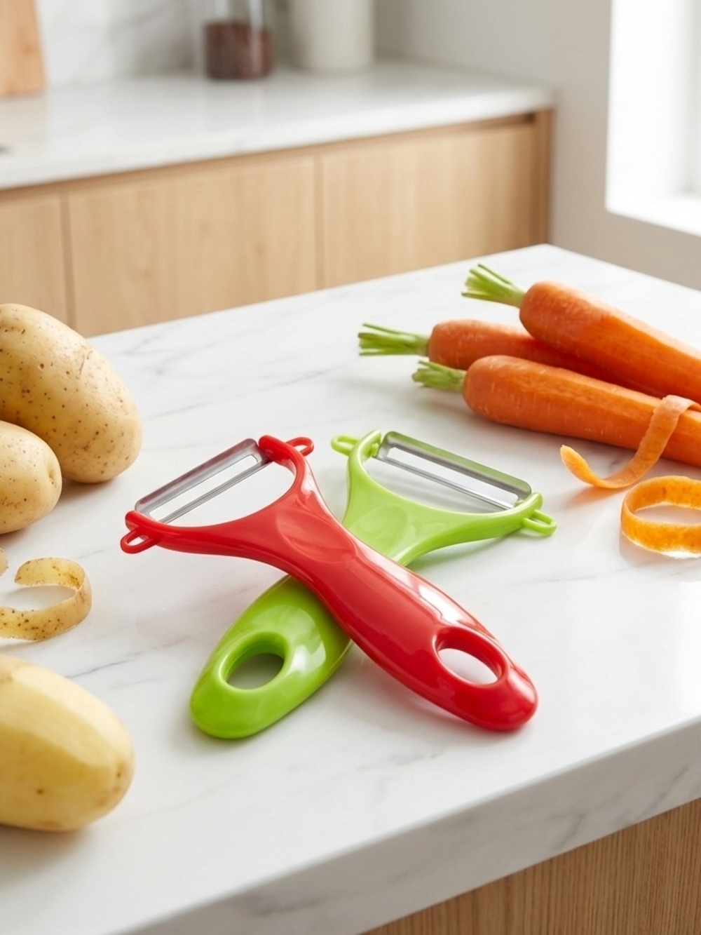 Universal Standard Dual Vegetable Peelers in Red and Lime Green